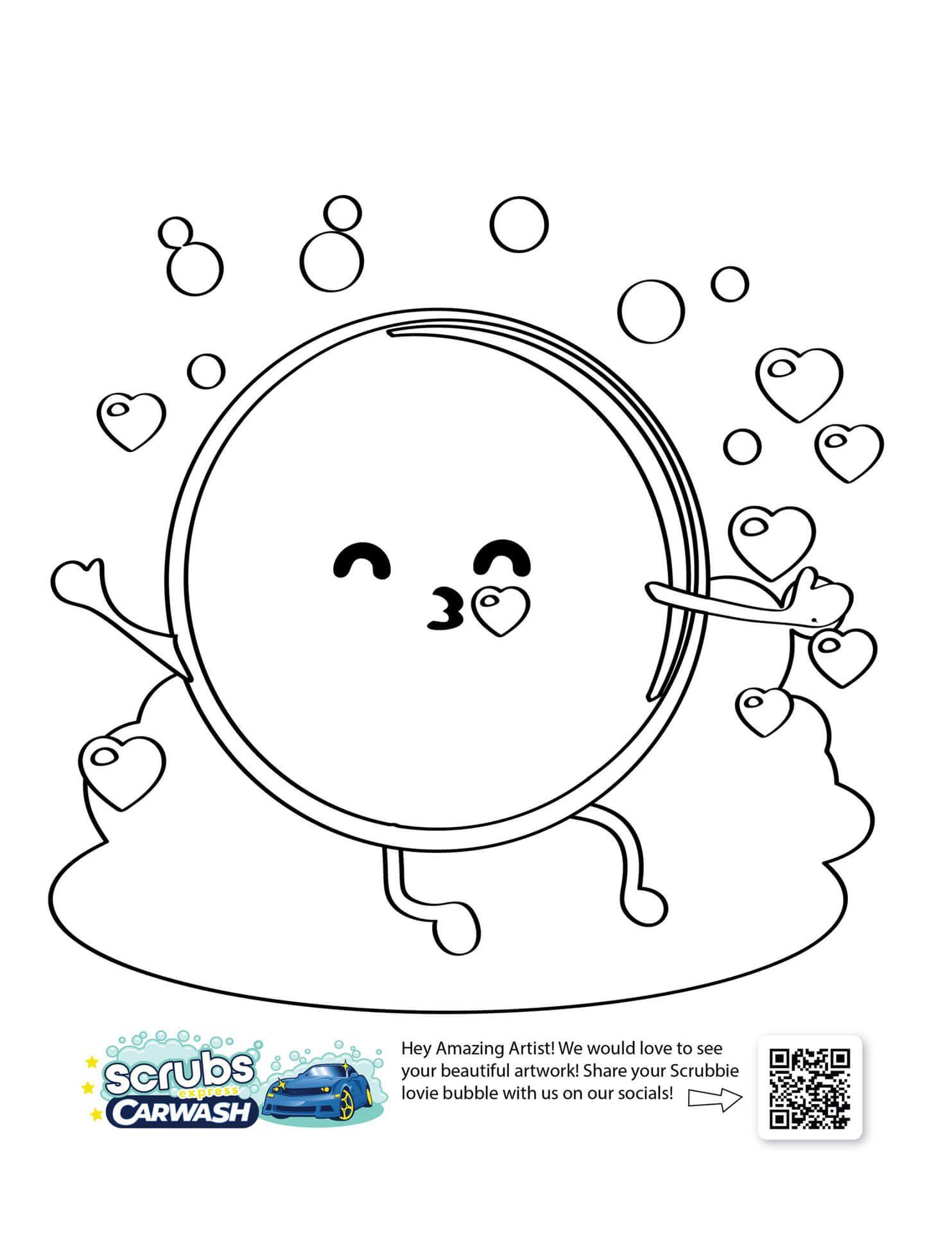 Free Scrubbie Bubble Valentine’s coloring page from Scrubs Car Wash. Cute heart bubble design for kids and adults.