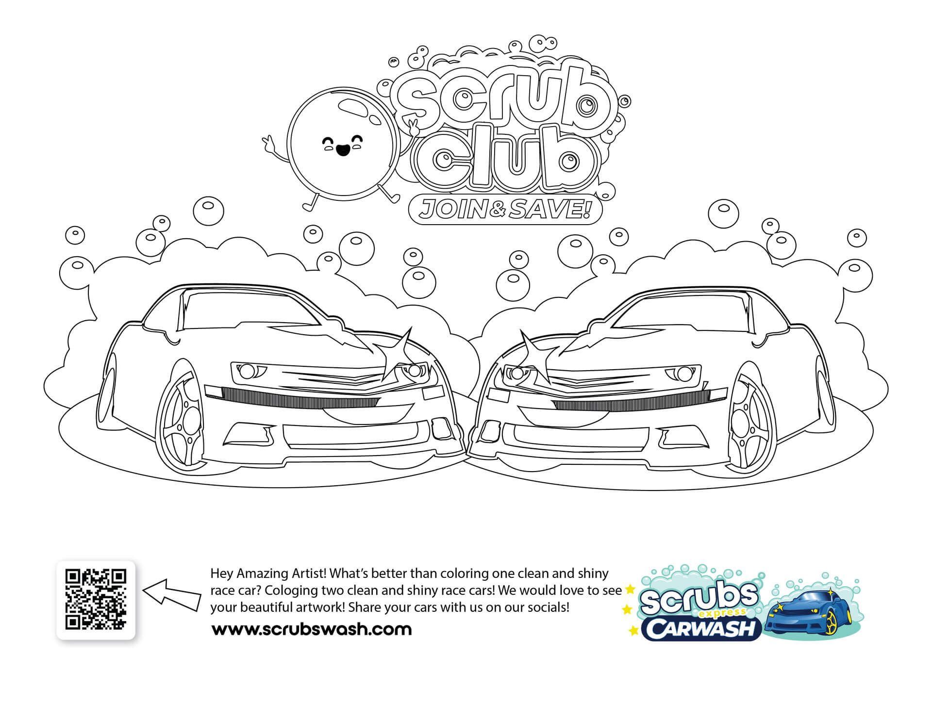 Free printable Scrubs Scrub Club race car coloring page with bubbly design. Fun download for kids and adults.