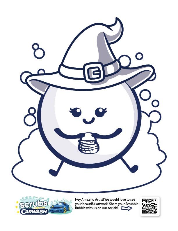 Free printable Scrubs Car Wash coloring pages featuring a bubbly car design. Fun Halloween activity for kids and adults.
