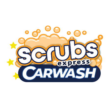 bLUE CAR IN ROUND EBLEM, SCRUBS CAR WASH LOGO ATLANTA