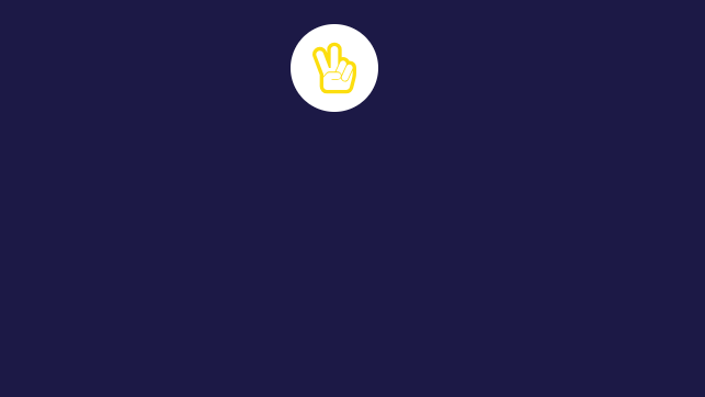 Yellow hand peace sign icon within a white circle on a dark blue background.