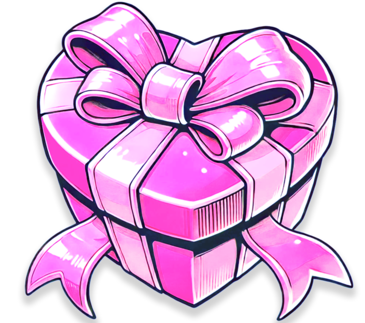 Pink heart-shaped gift box with a ribbon.