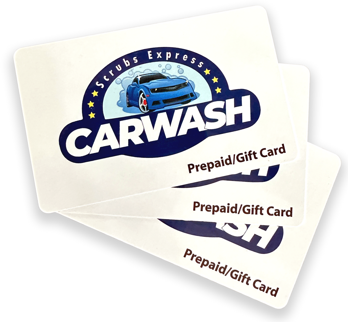 Two white Scrub Express Carwash prepaid gift cards with a car graphic.