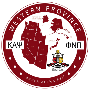 Seal of Kappa Alpha Psi Fraternity's Western Province; red and white, with states and Japanese islands; Greek letters.