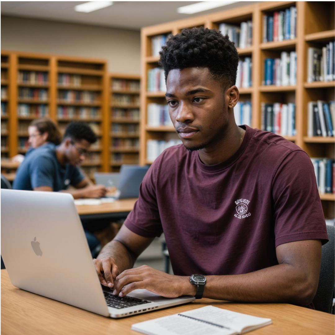 Young Black man uses laptop at library desk. Bookshelves in background.