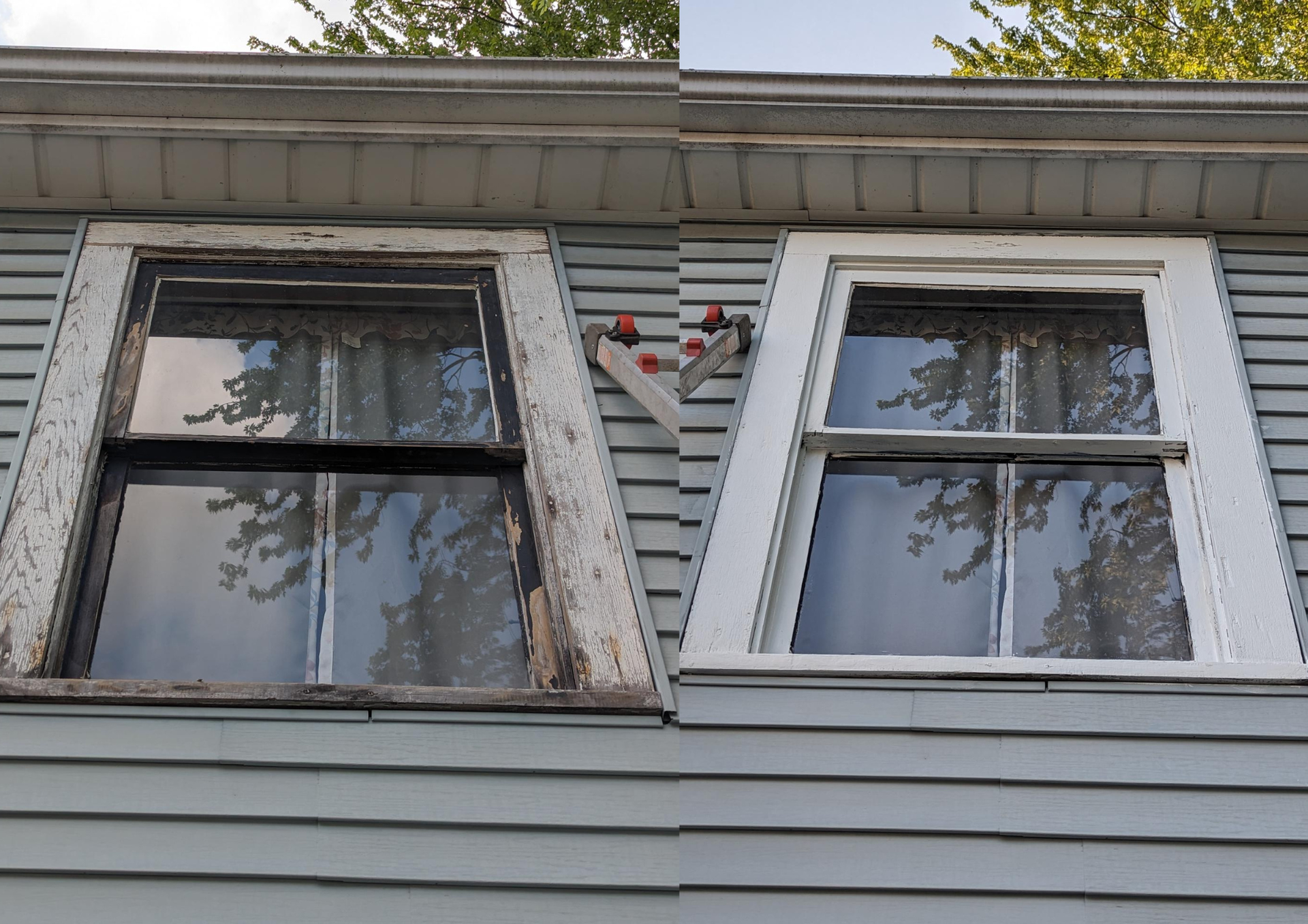 Two side-by-side house windows: left old and broken, right white-framed and intact.