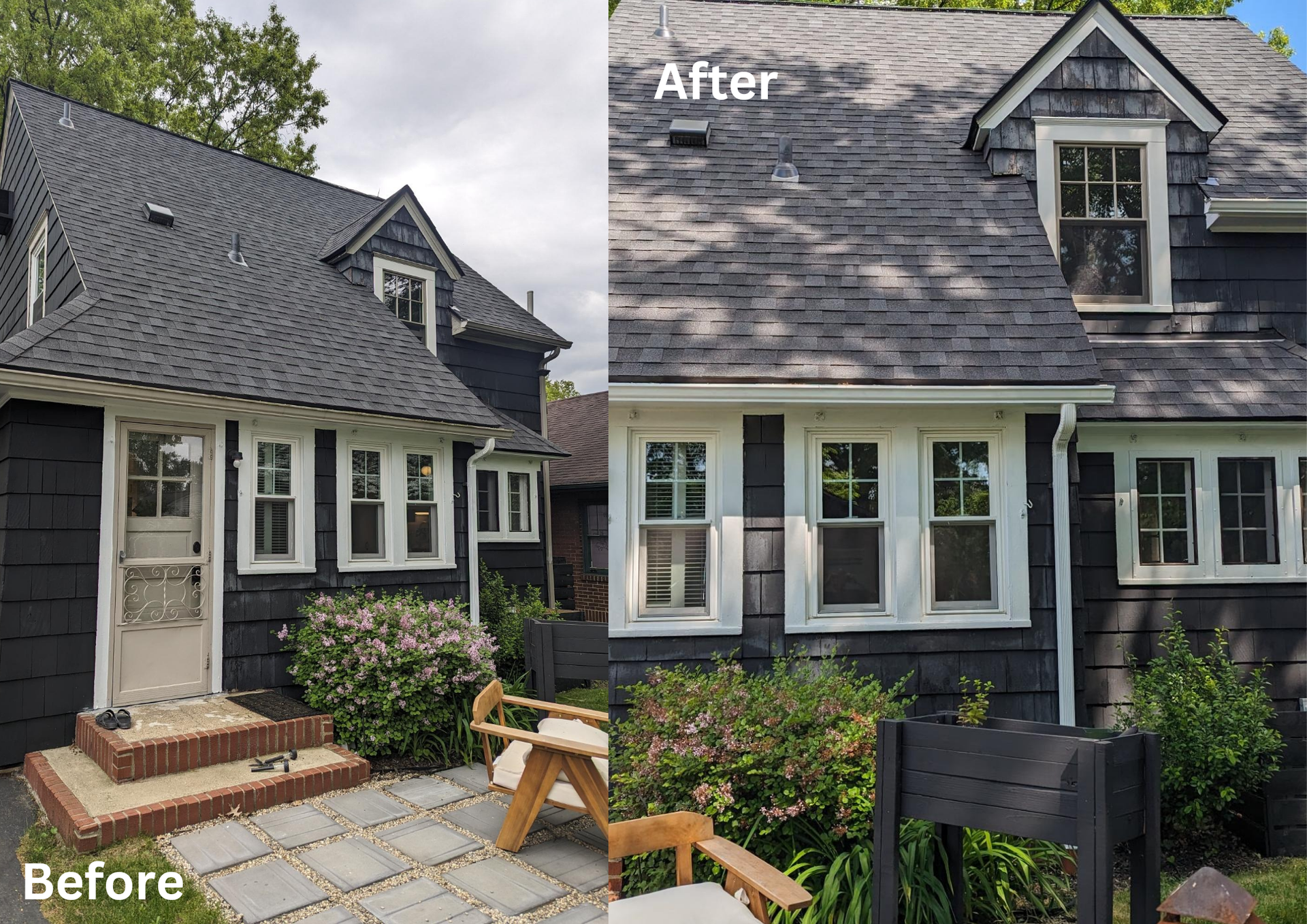 Split before-and-after of a house exterior with dark siding, showing roof and porch upgrades.