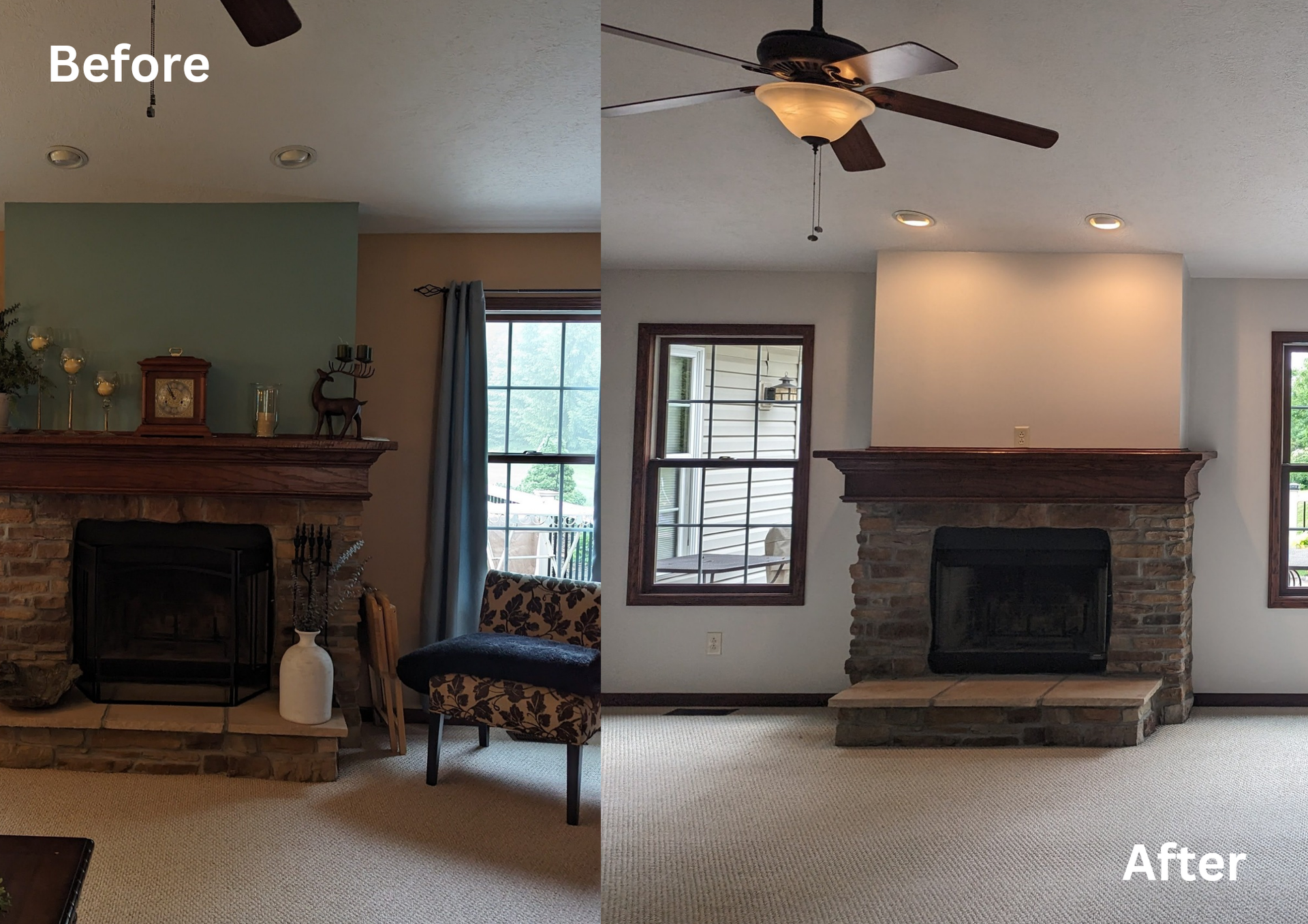 Before-and-after living room with updated fireplace, ceiling fan, and lighter walls and carpet.
