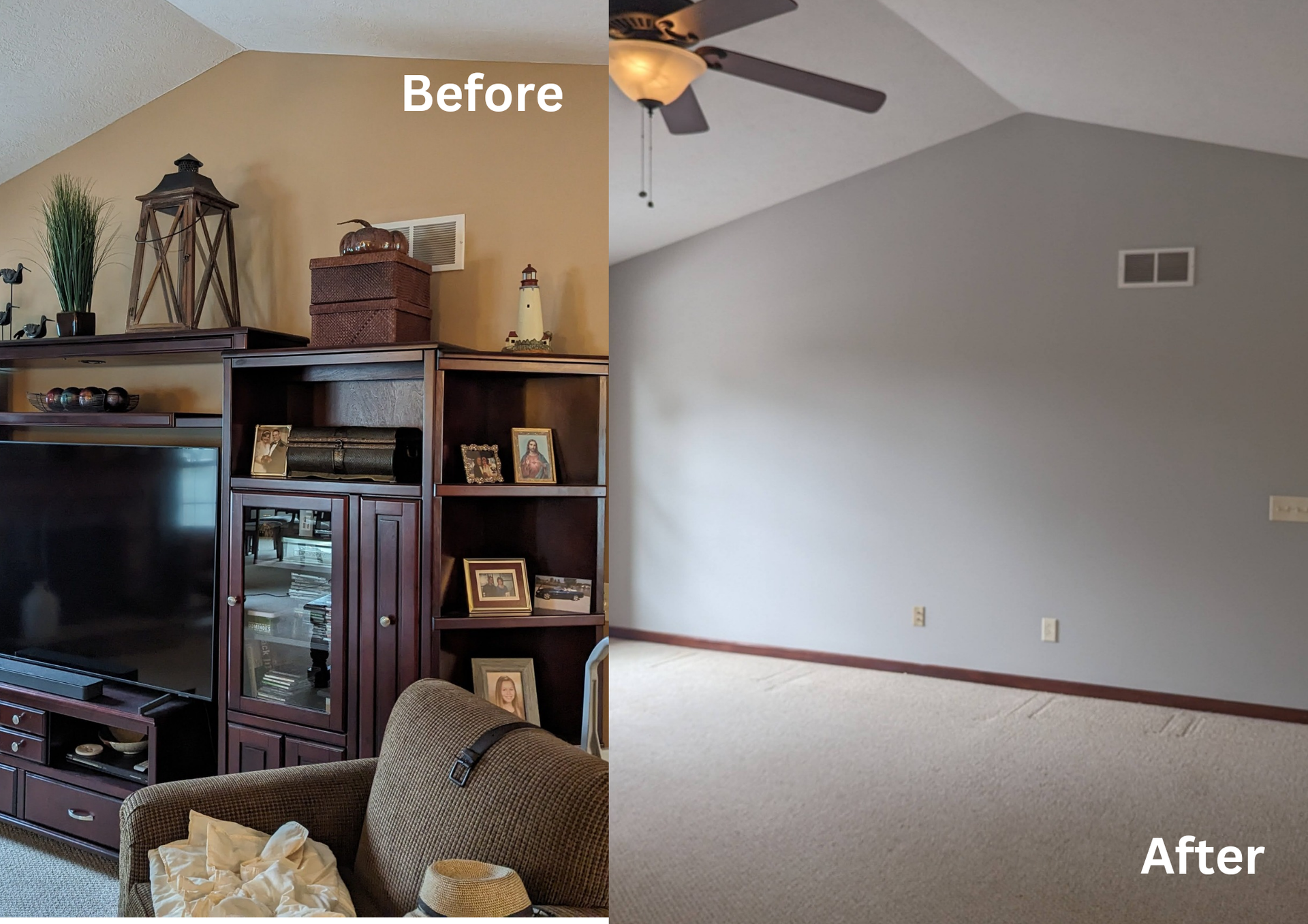 Before-and-after living room: dark wood entertainment center replaced by empty gray wall and carpeted floor