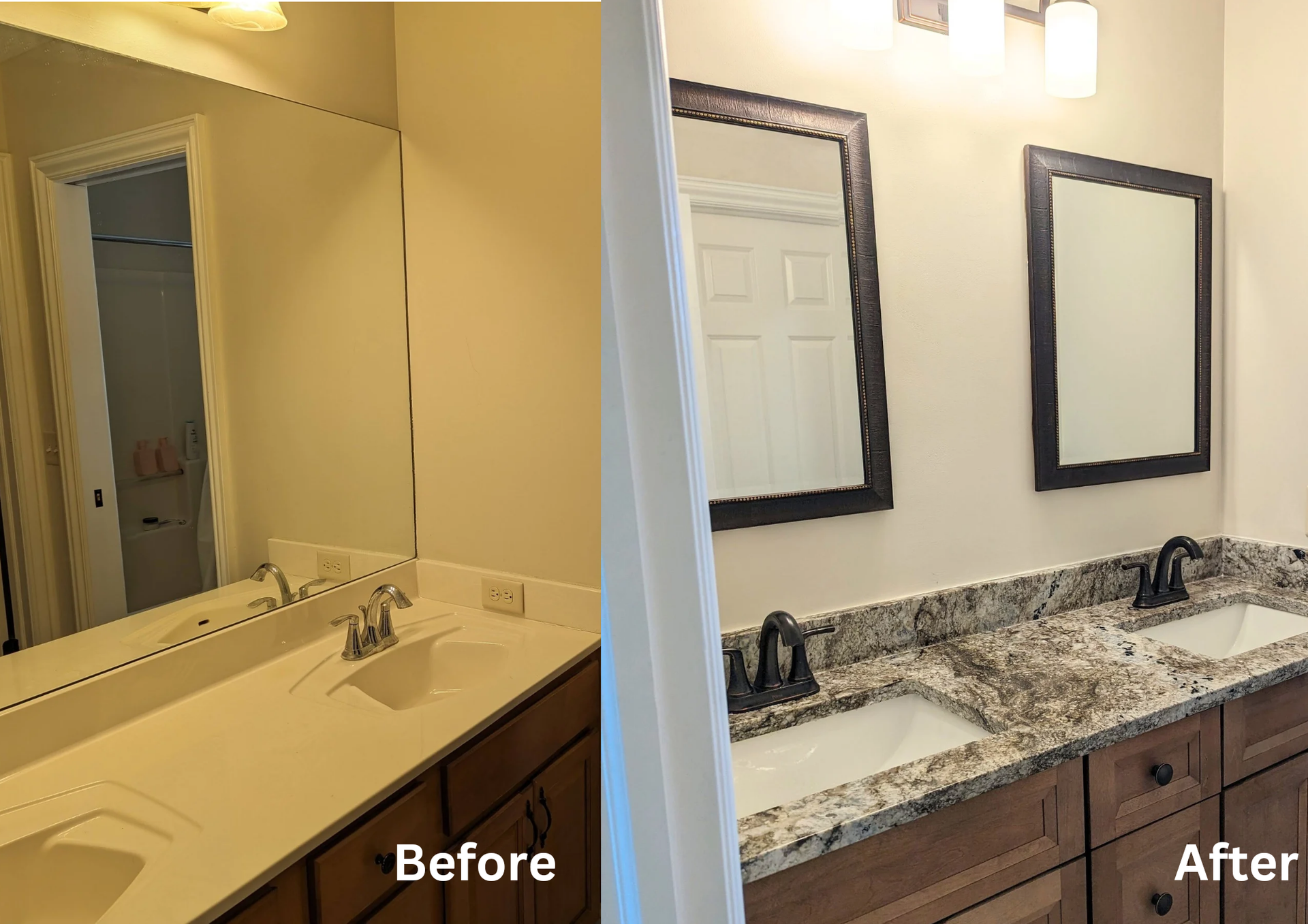 Before-and-after bathroom vanity remodel with mirrors, new granite countertop, and updated fixtures.
