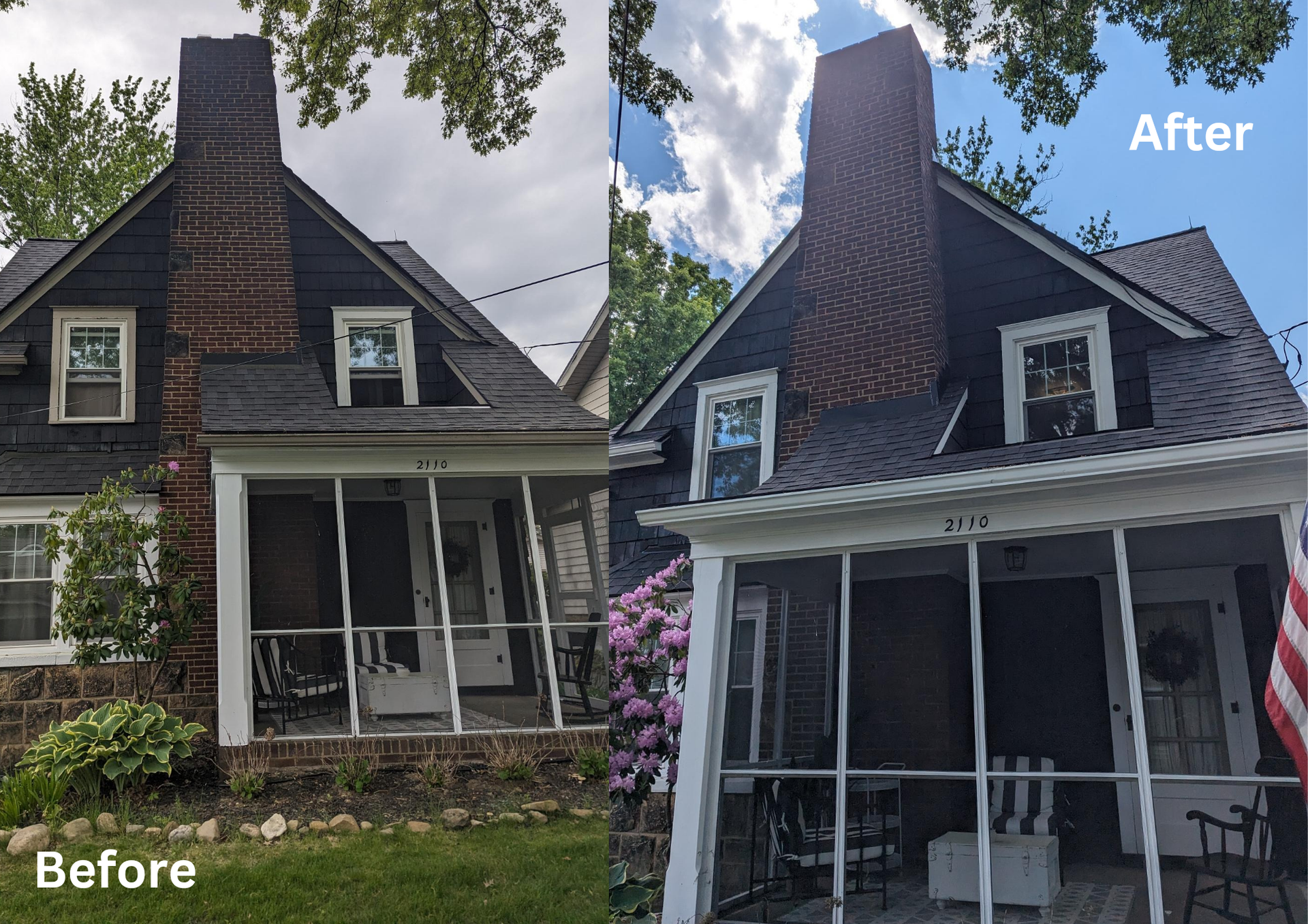 Before-and-after of a dark house exterior renovation, showing a newer porch and painted siding.