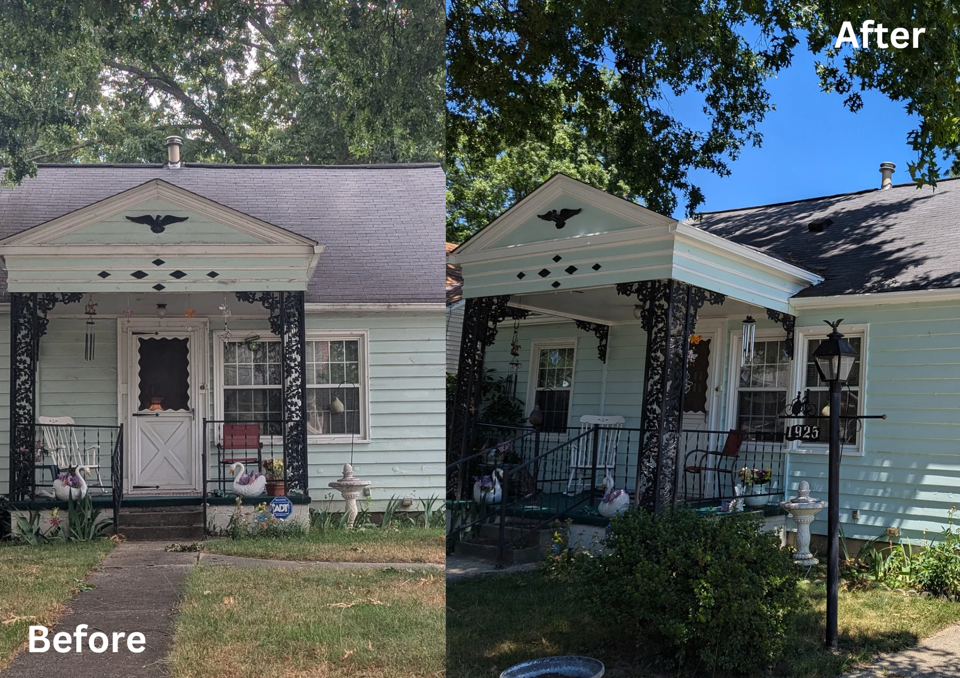Before-and-after view of a small house porch with new white siding and dark awning on the right side.