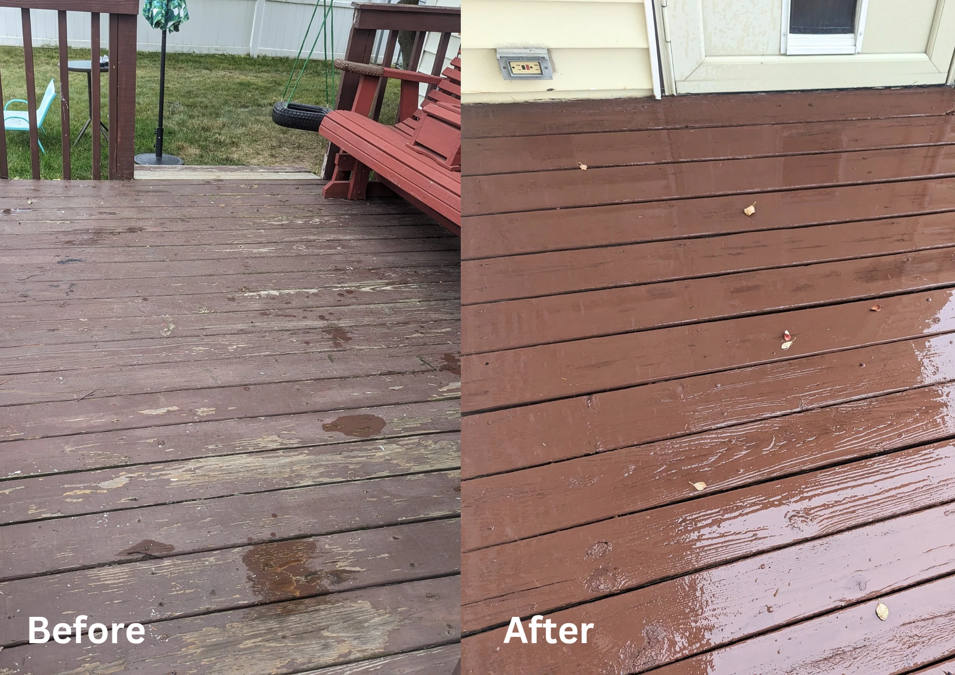 Split-screen deck before and after cleaning, showing a weathered gray deck restored to clean brown wood.
