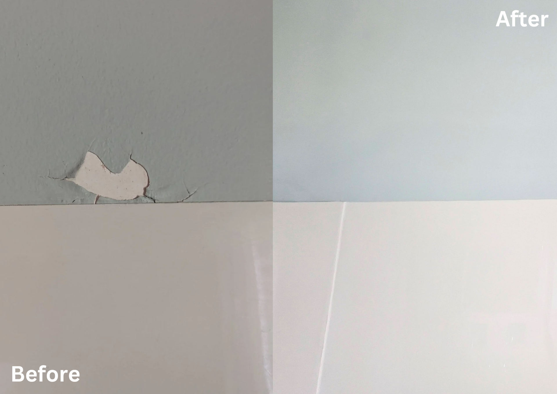 Before-and-after wall repair: peeling paint on gray wall fixed to smooth, light gray surface.