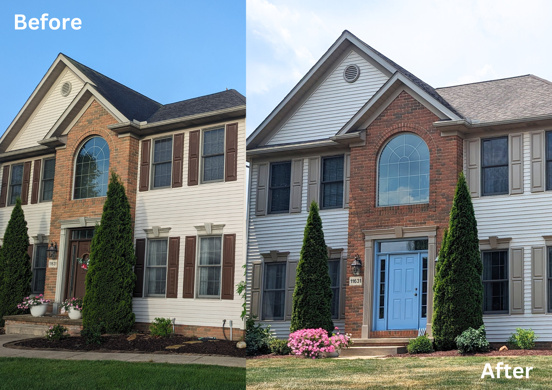 Before-and-after photo of a two-story brick house with a new blue front door and fresh landscaping