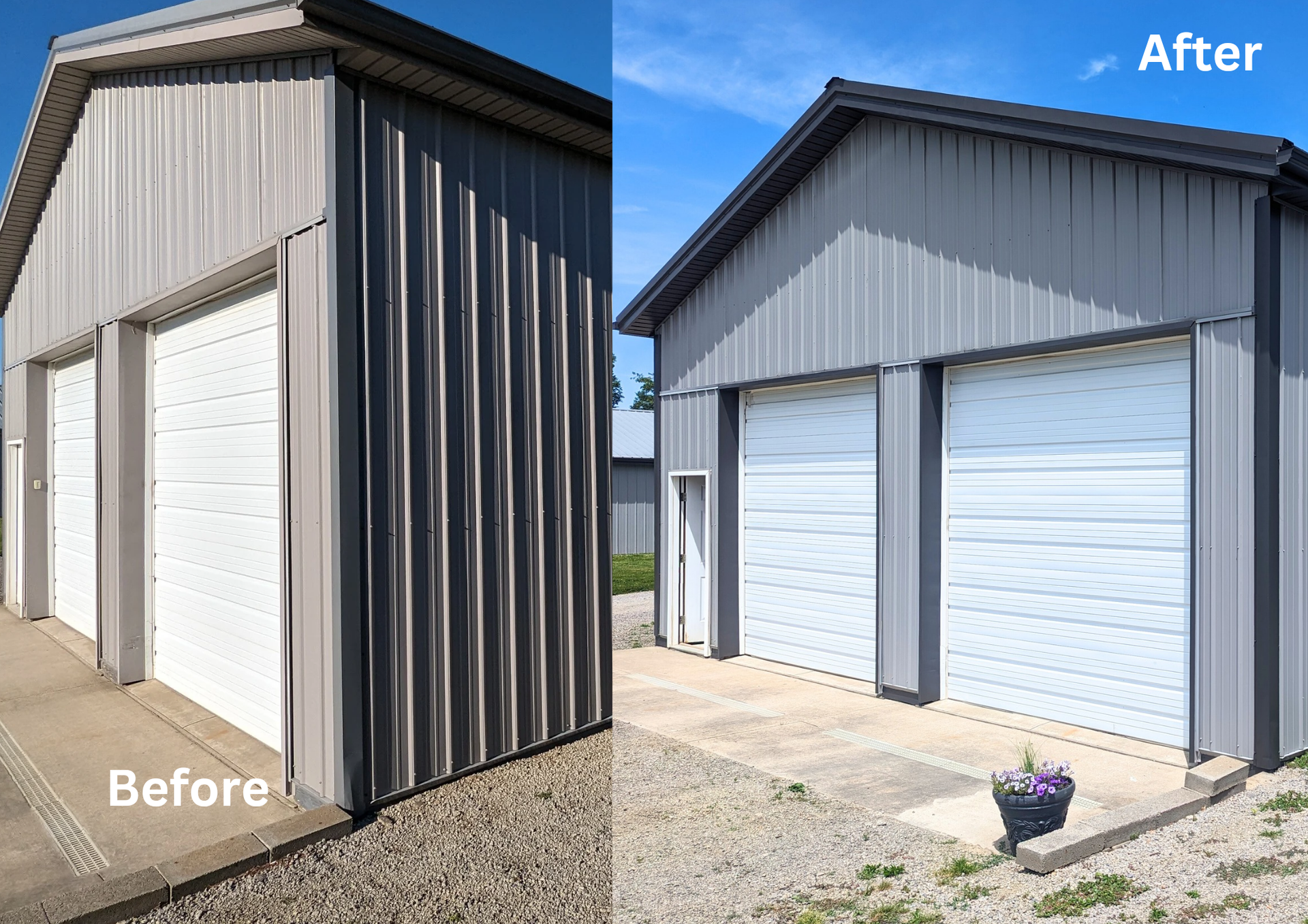 Before-and-after of a metal garage exterior renovation, with dark siding changed to light gray and white doors.