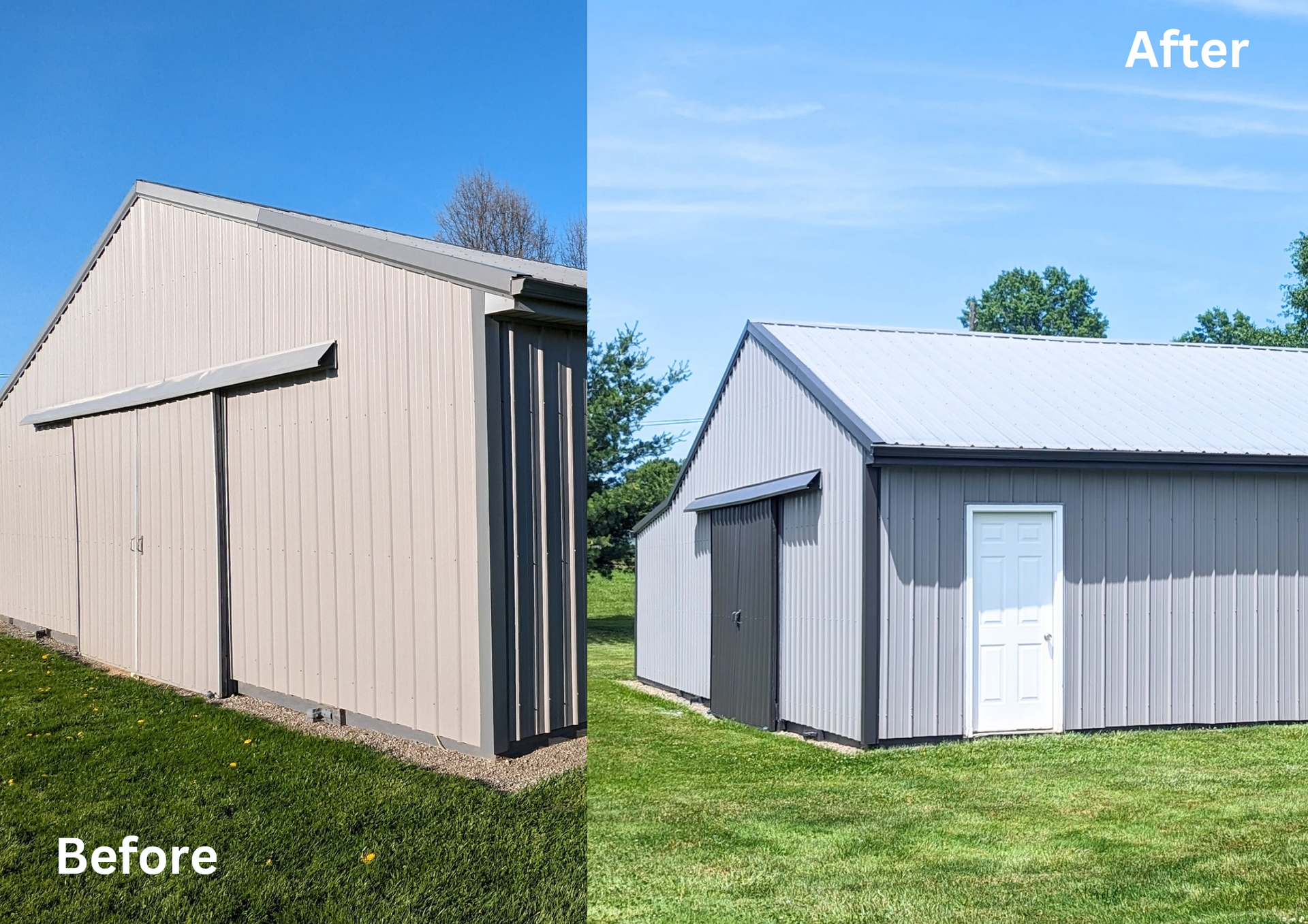 Before-and-after of a tan shed painted gray with a white door on a grassy lawn.