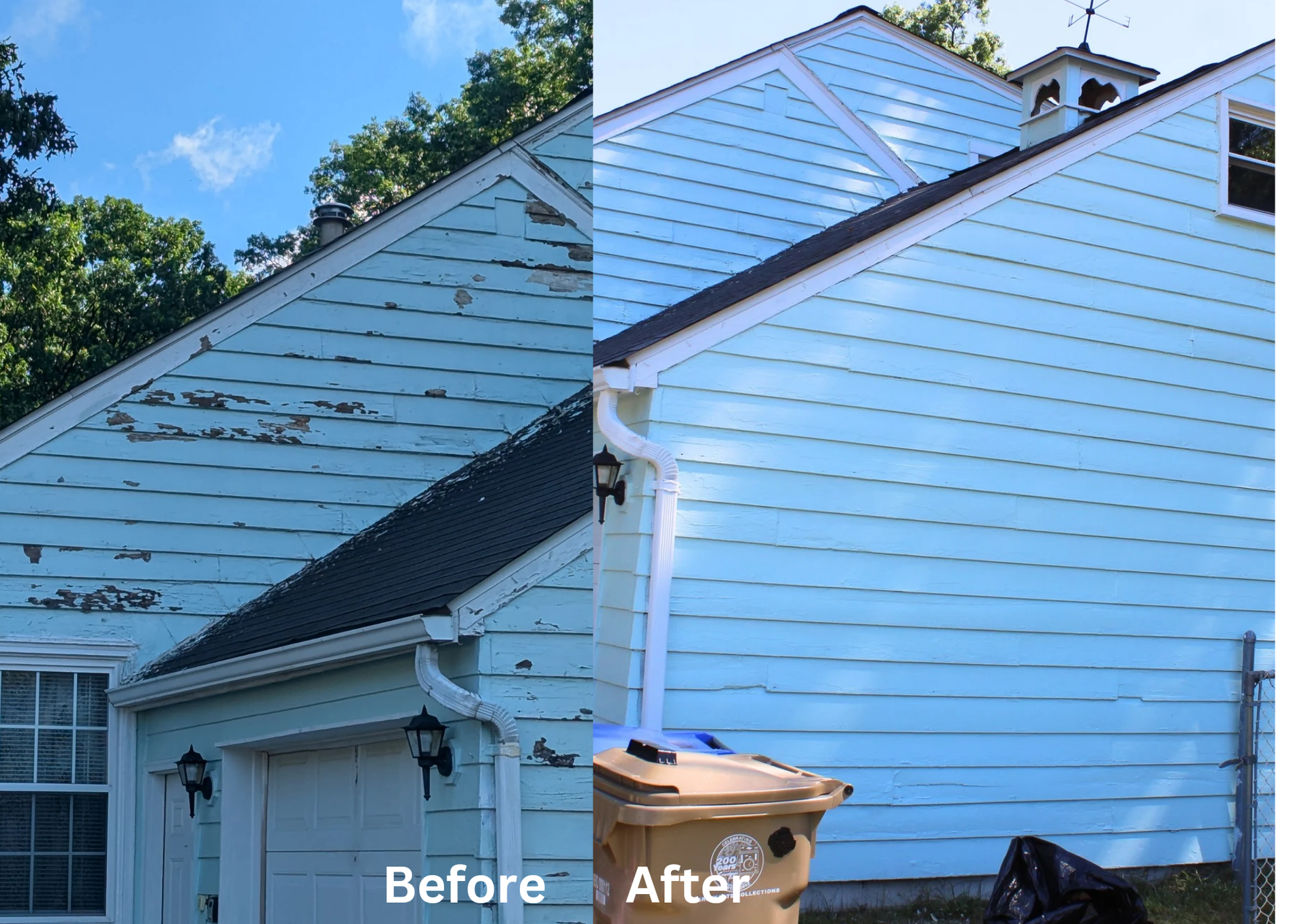 Before-and-after view of a house roof and siding, showing peeling blue paint on the left and freshly painted siding on the right.