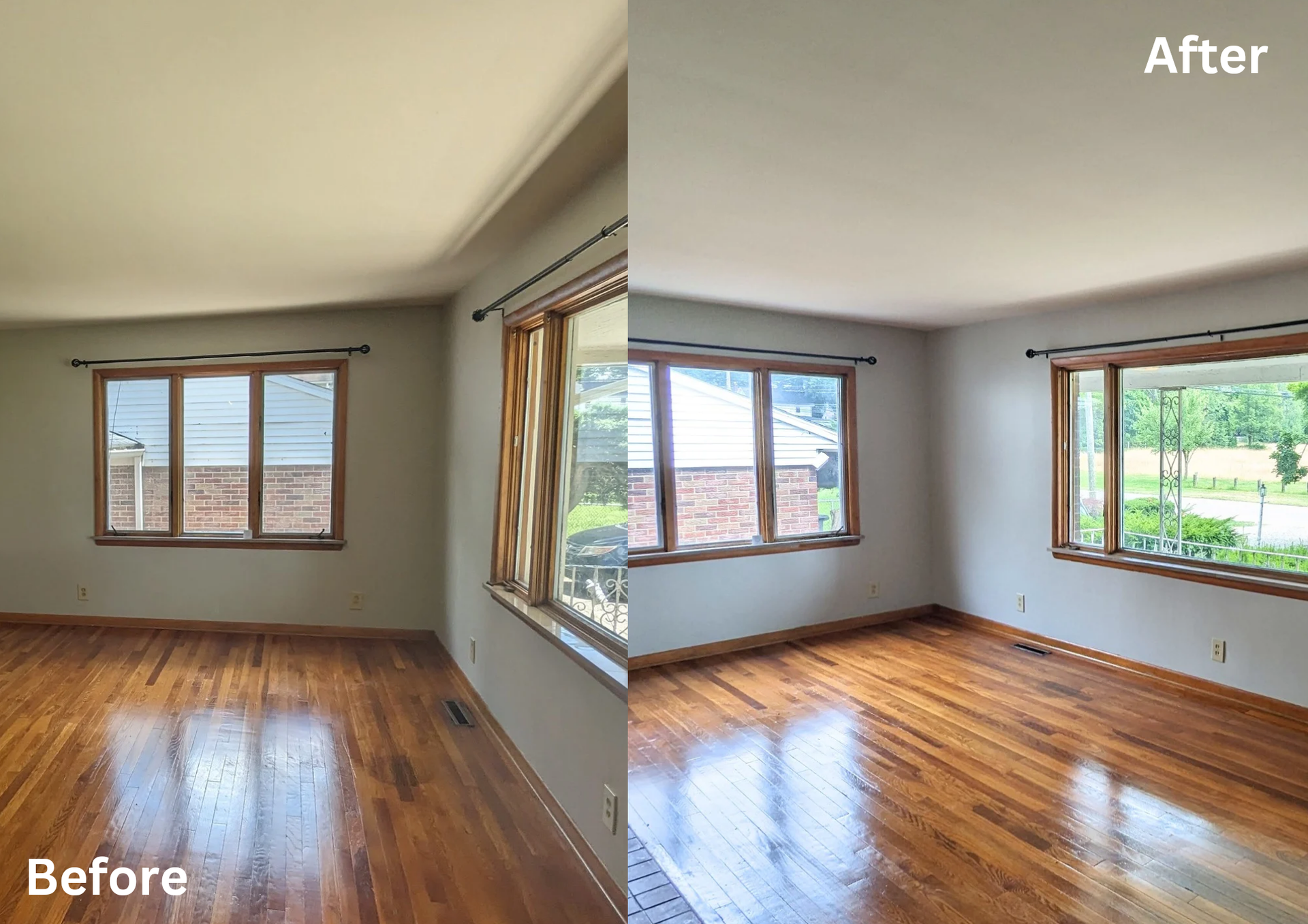 Before-and-after view of an empty room with wood floors and large windows, brighter after renovation
