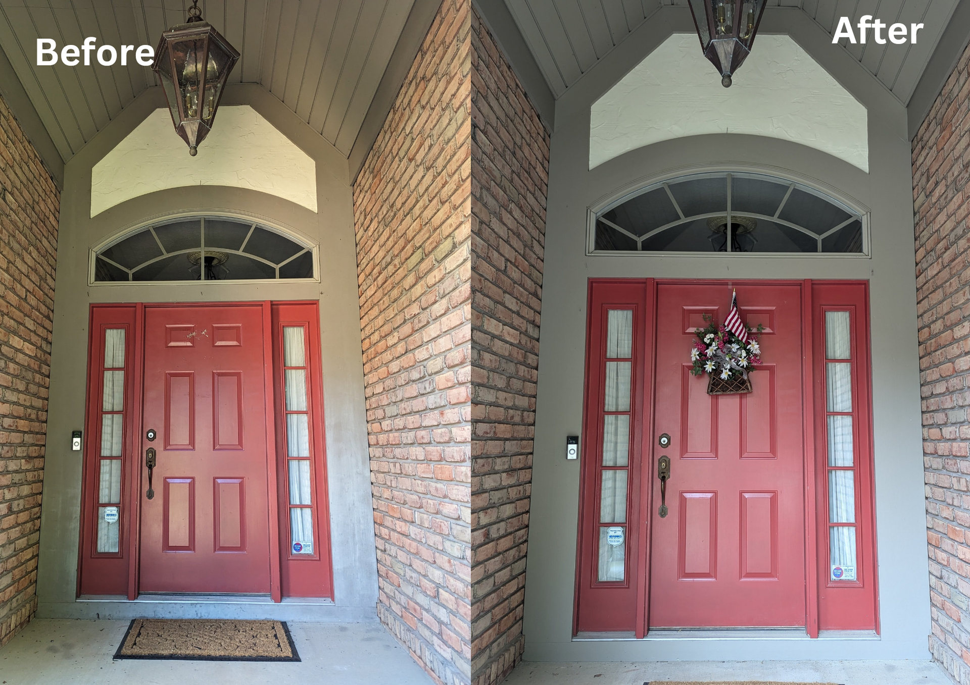 Before-and-after view of a red front door entryway with new trim and a wreath on the right side.