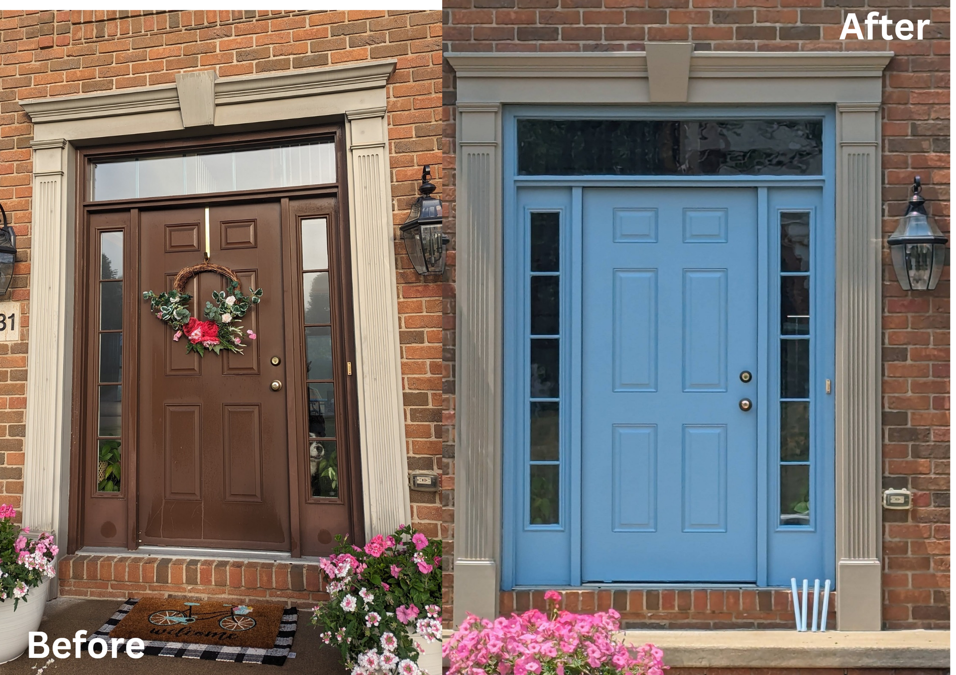 Before-and-after view of a front door, changing from brown with wreath to blue on a brick house.