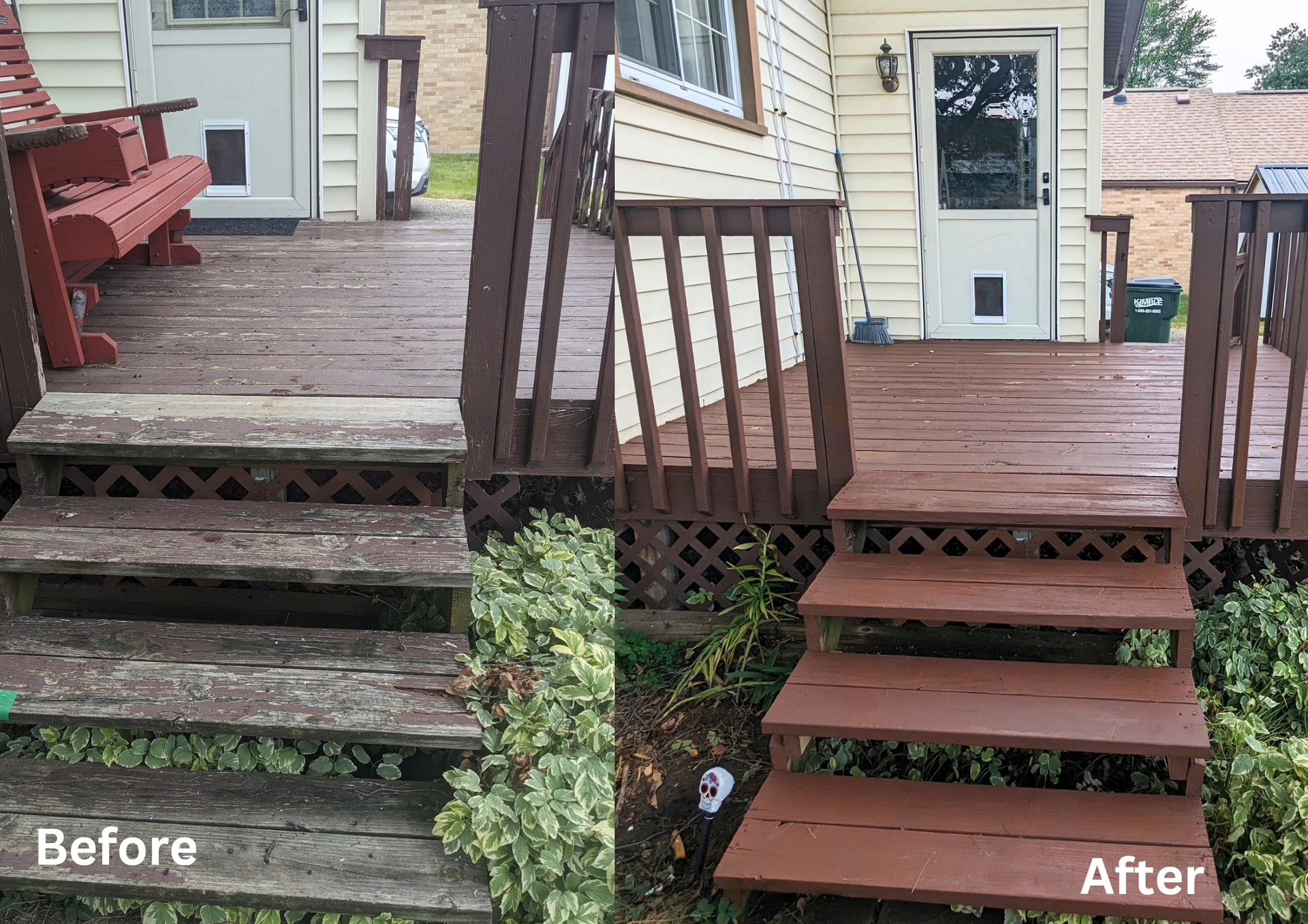 Before-and-after of a repaired wooden porch stairway and deck railing on a house.