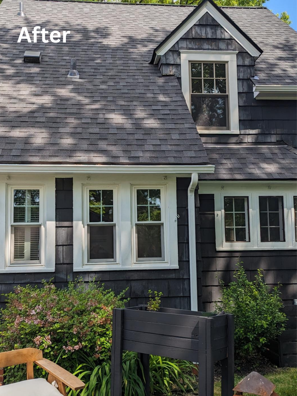 Gray house exterior with white trim, dormer window, and the word “After” in the top left.