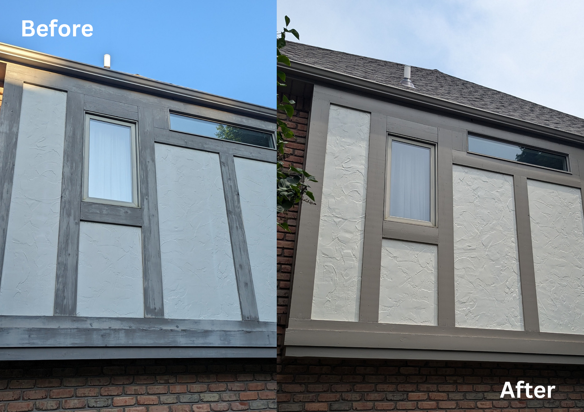 Before-and-after of a house exterior: gray walls repainted beige with darker trim and updated windows.