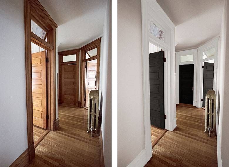 Before-and-after view of a narrow hallway with wood floors, showing natural wood trim on the left and painted white on the right