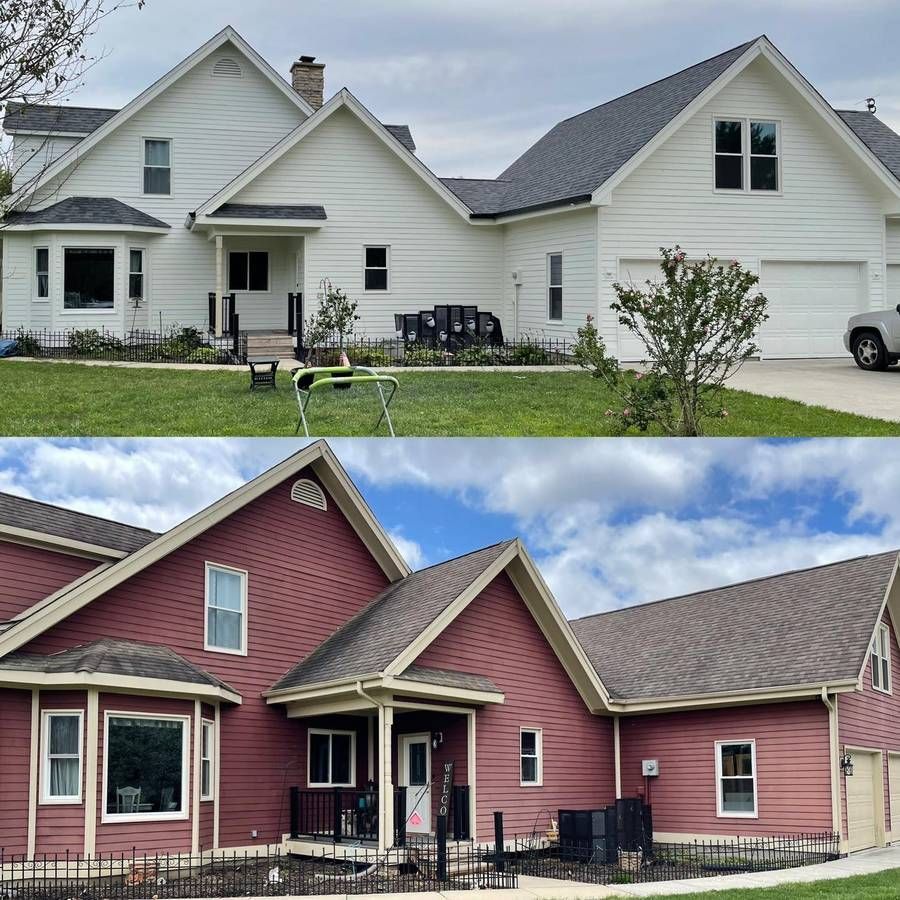 Two suburban house exteriors: a white home above and a red home below, both with gables and front porches