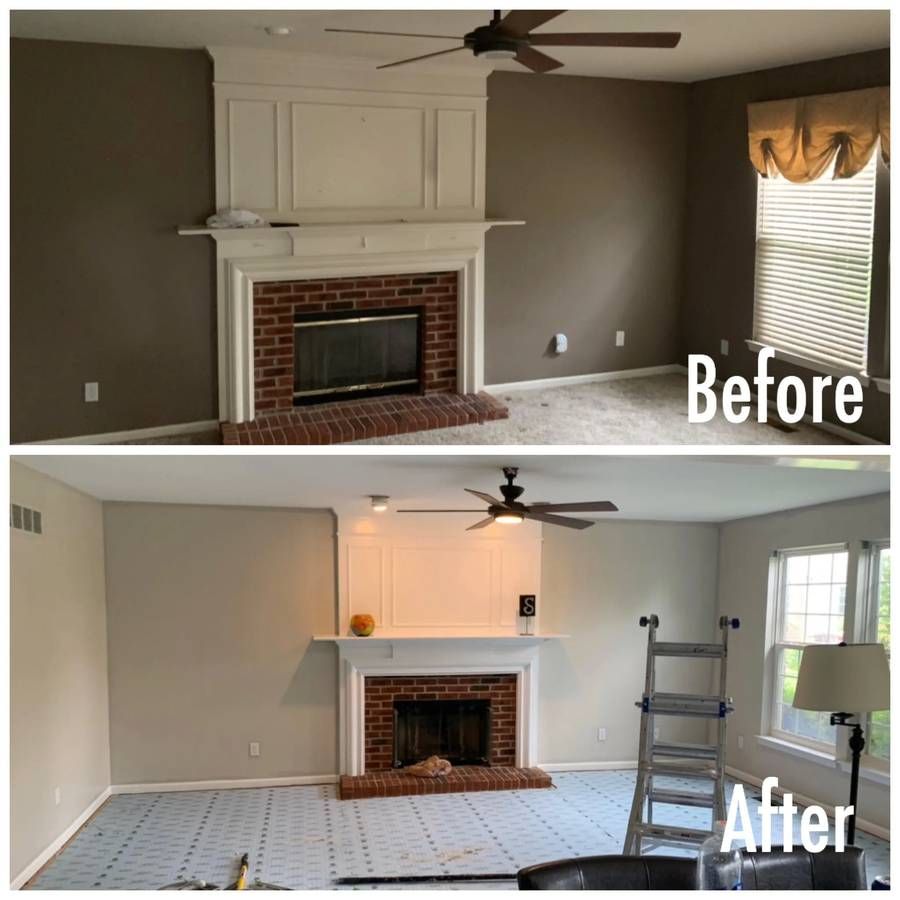 Before-and-after living room fireplace makeover: dark walls and brick hearth changed to light gray with white mantel.