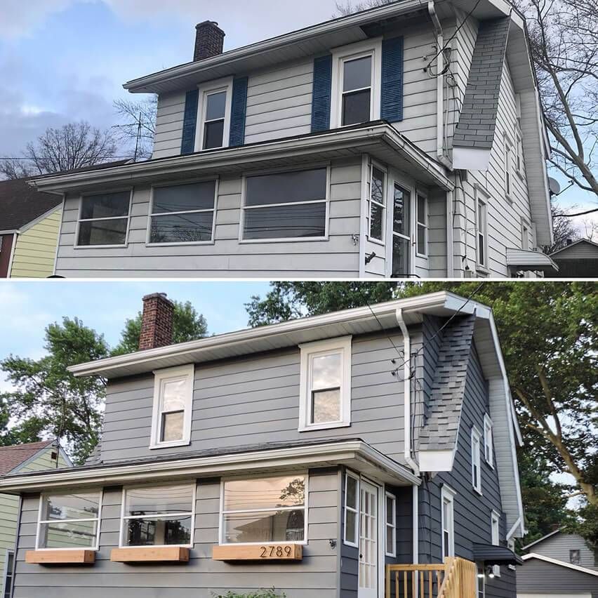 Two views of a gray two-story house with blue shutters, enclosed porch, and flower boxes.