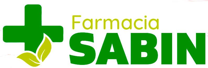 Un logotipo para farmacia sabin con una cruz verde y hojas.