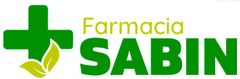 Un logotipo para farmacia sabin con una cruz verde y hojas.