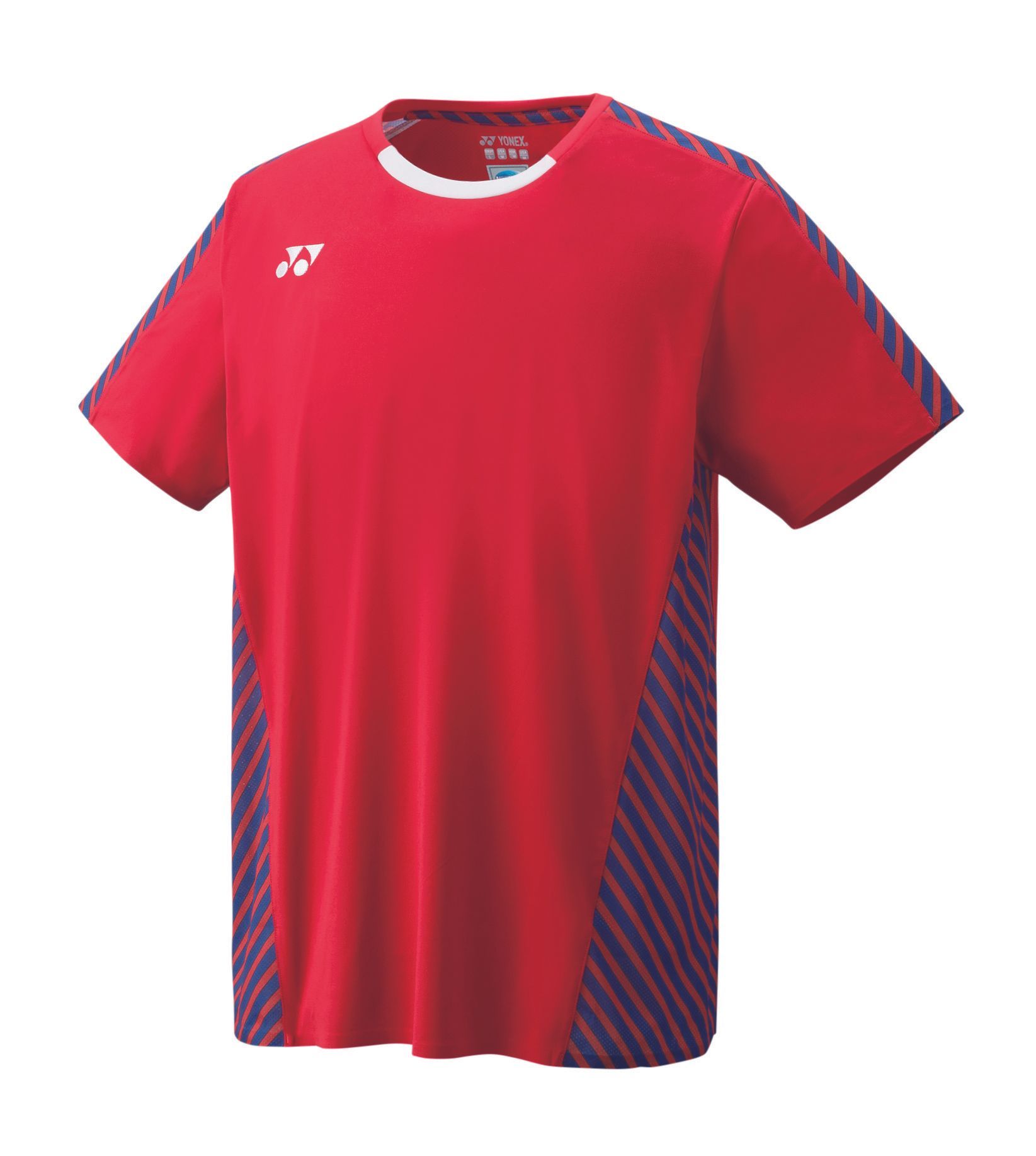Rood sportief T-shirt met korte mouwen, marineblauwe zijpanelen en gestreepte schouders, vooraanzicht getoond.