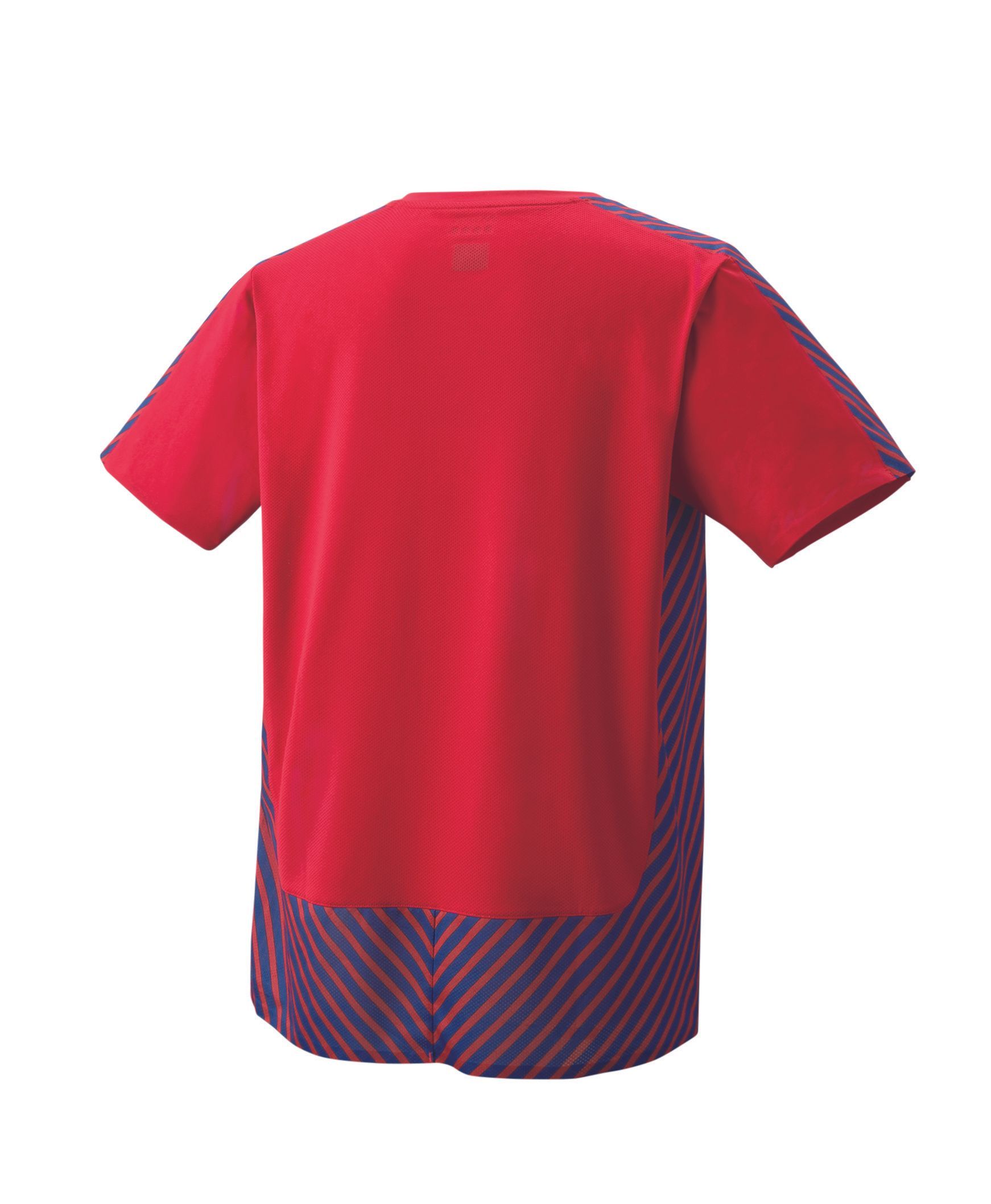 Rood sportief T-shirt met korte mouwen, marineblauwe zijpanelen en gestreepte schouders, vooraanzicht getoond.