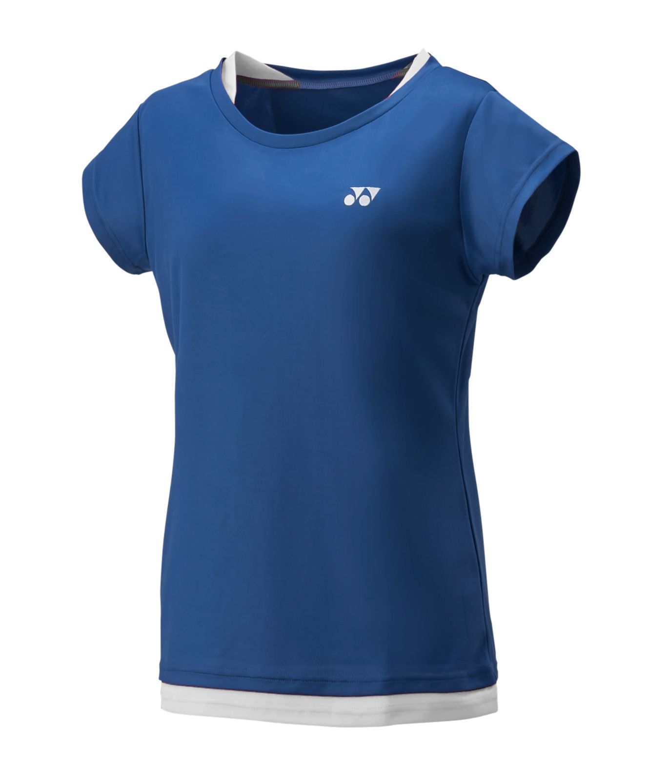 Blauw sportief T-shirt met witte bies en klein logo op de borst, op een witte achtergrond.