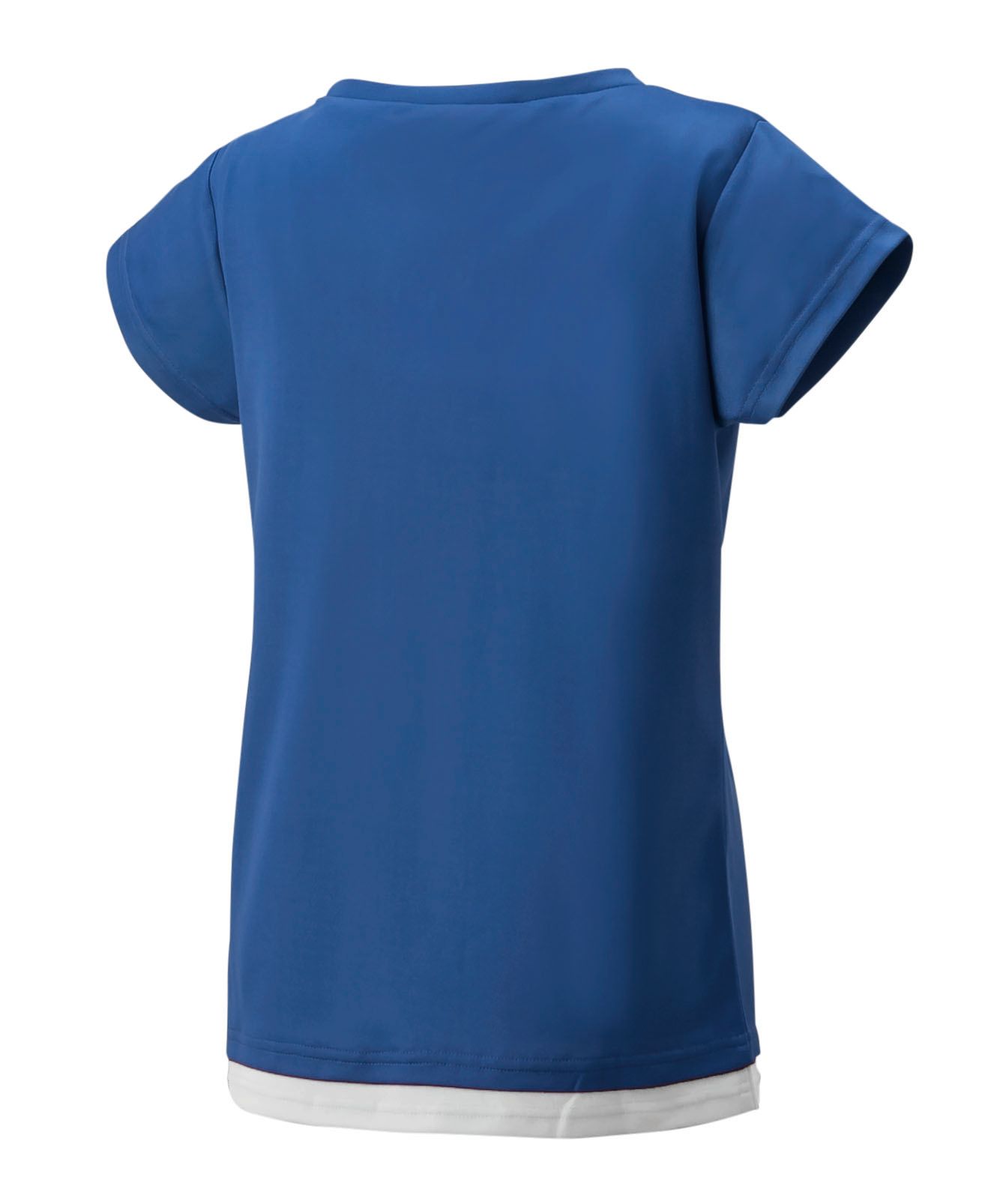 Blauw sportief T-shirt met witte bies en klein logo op de borst, op een witte achtergrond.