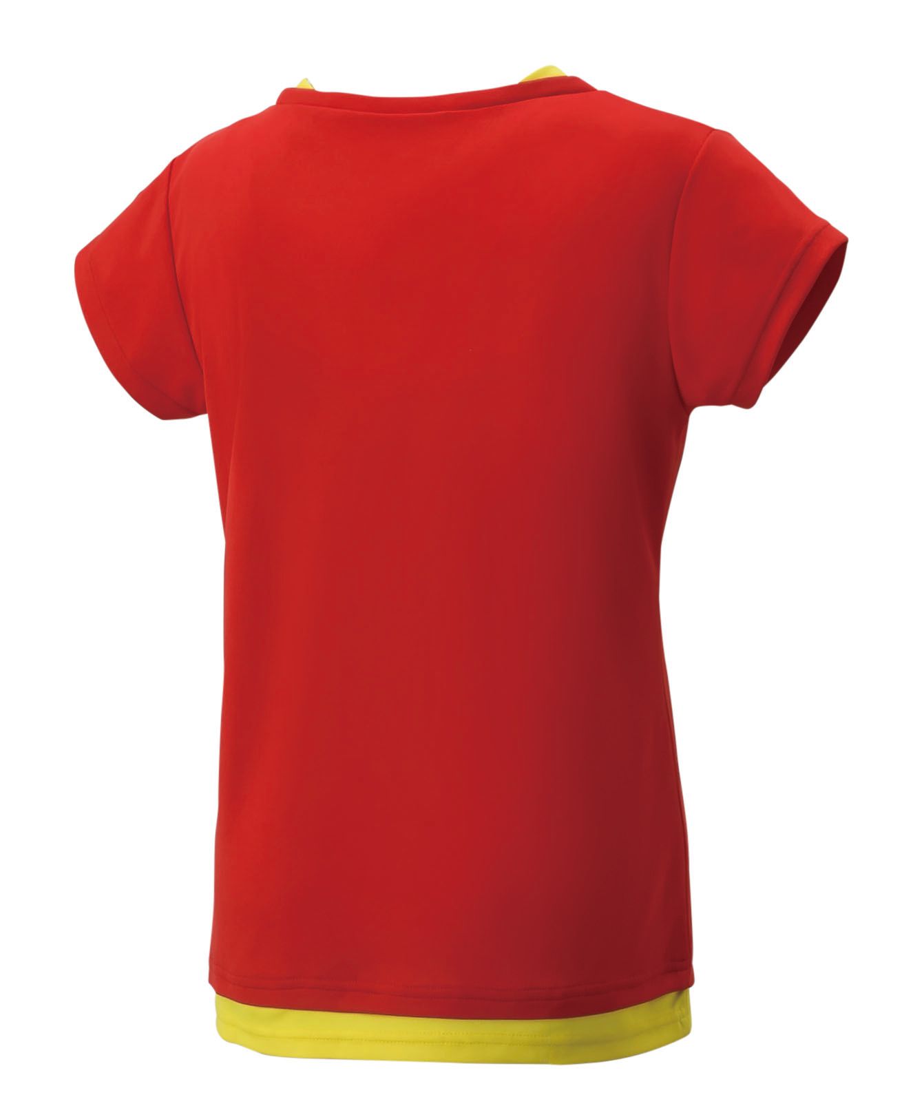 Rood sportief T-shirt met gele kraag en zoom op een witte achtergrond.