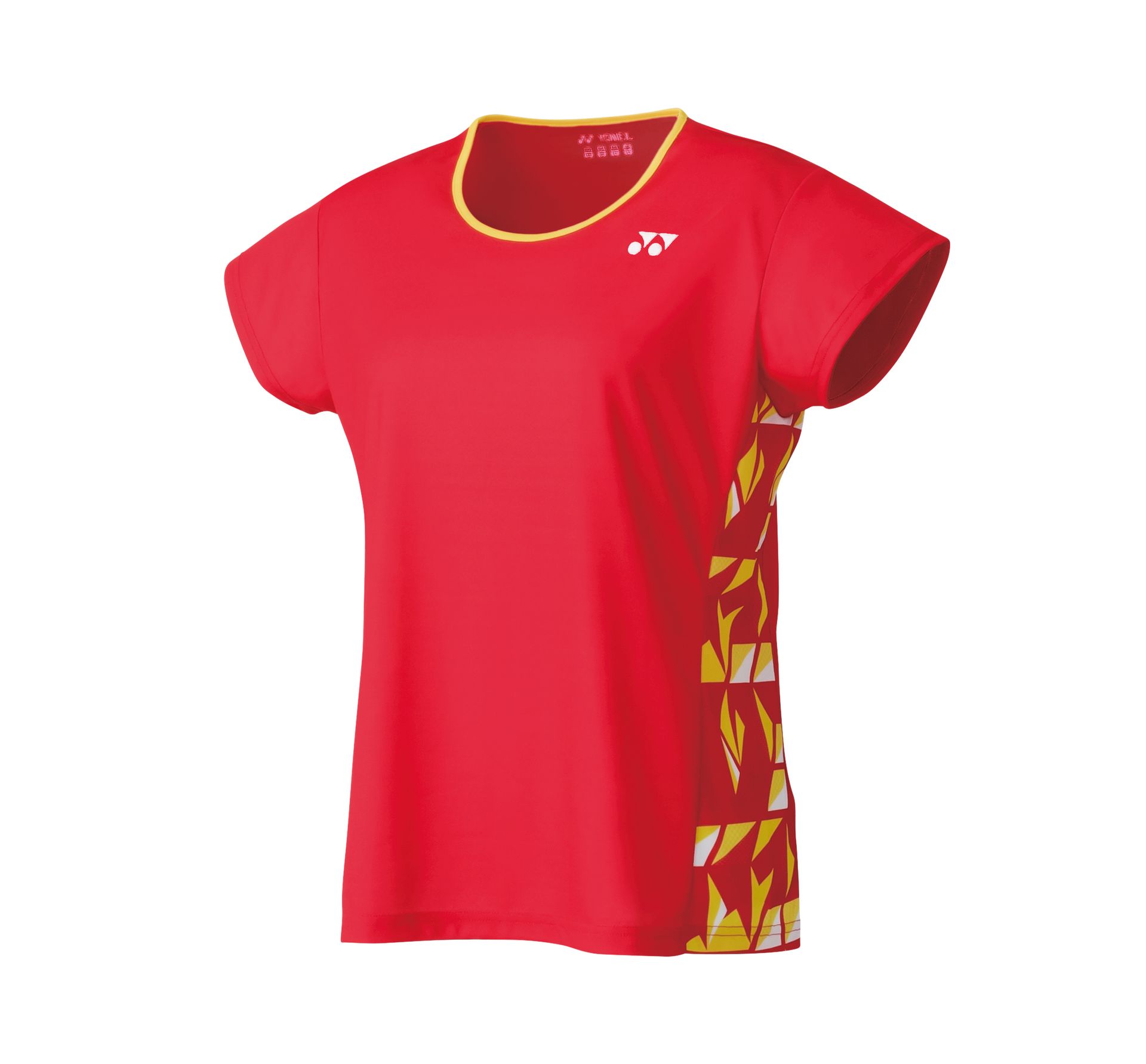 Rood sportief T-shirt met geel patroon op het zijpaneel en de bies.