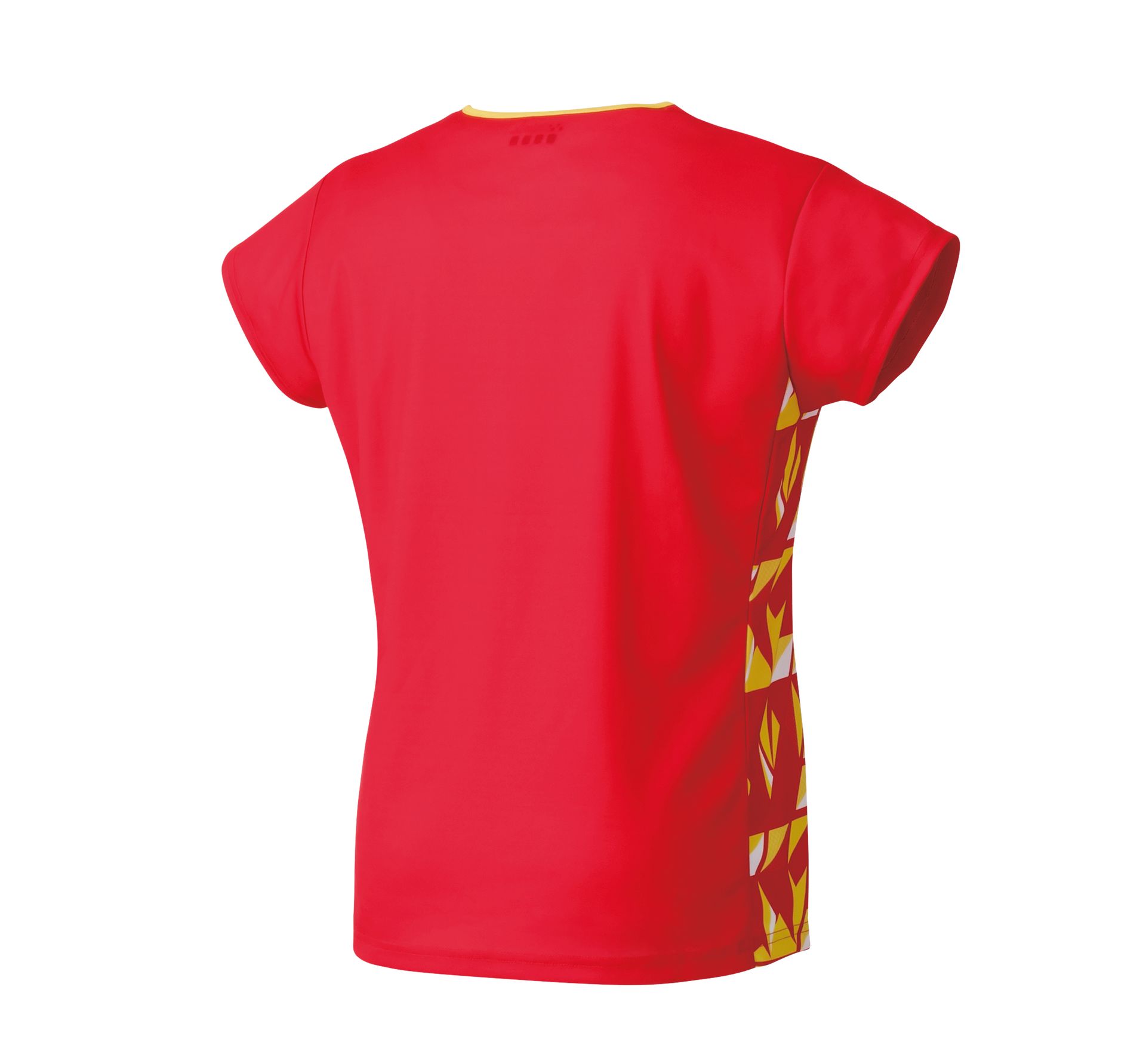 Rood sportief T-shirt met geel patroon op het zijpaneel en de bies.