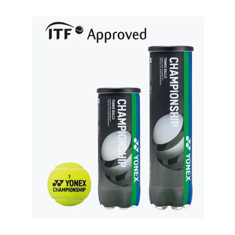 ITF-goedgekeurde Yonex Championship tennisballen en een gele ballenbus op een witte achtergrond.