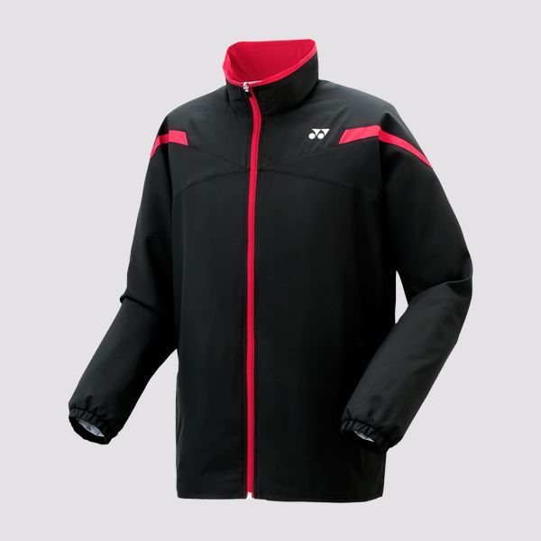 Zwart-rood sportjack met ritssluiting, hoge kraag en lange mouwen.