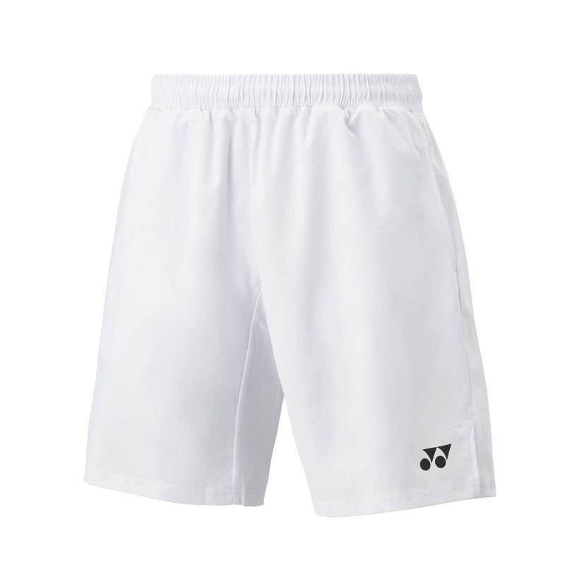Witte sportshorts met elastische tailleband en een klein zwart logo op de pijp.