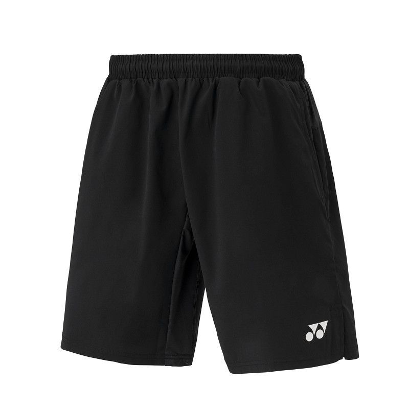 Zwarte sportshorts met elastische tailleband en wit logo op de pijp.