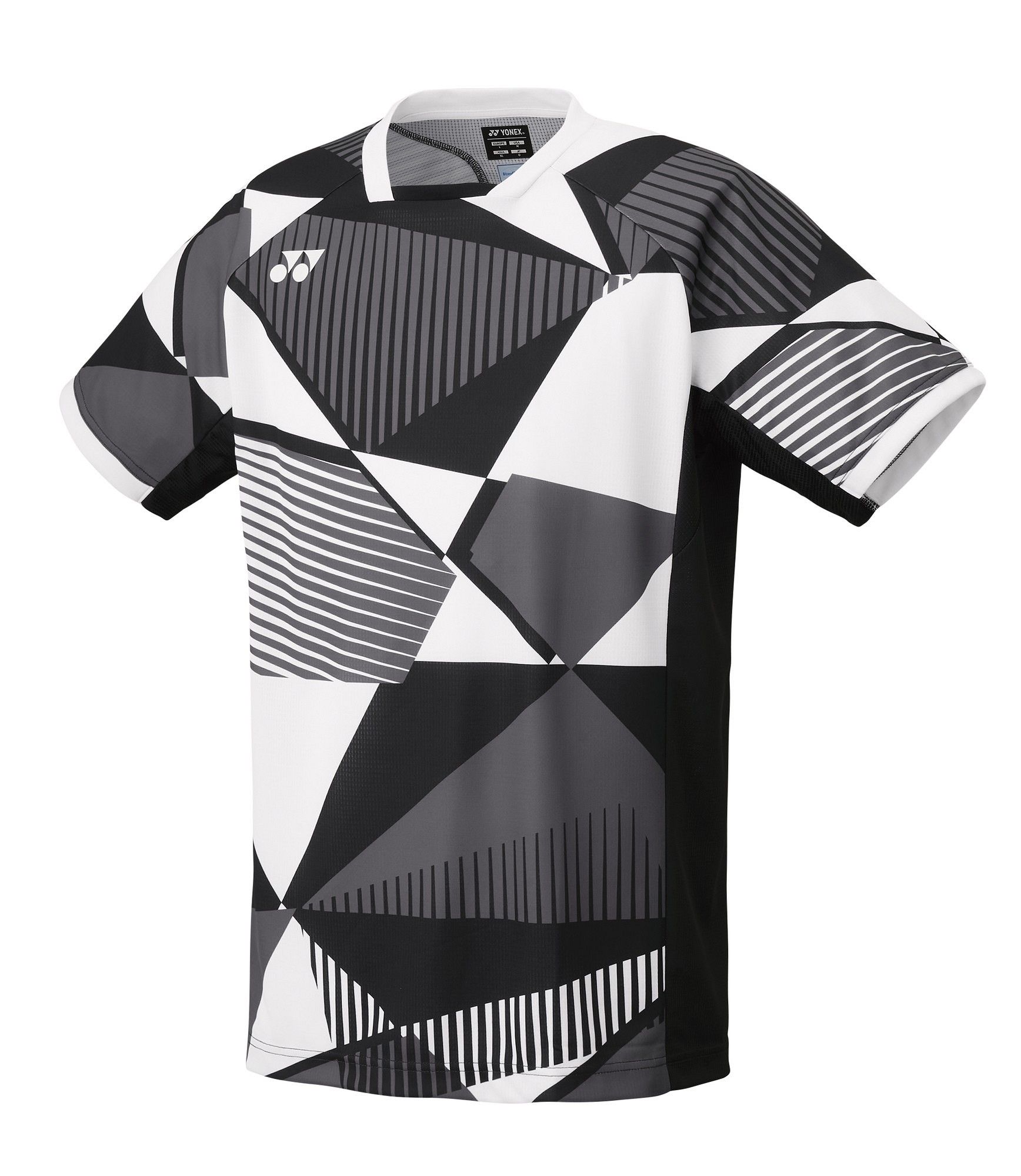 Zwart-wit geometrisch patroon poloshirt met korte mouwen, geïsoleerd op een witte achtergrond.