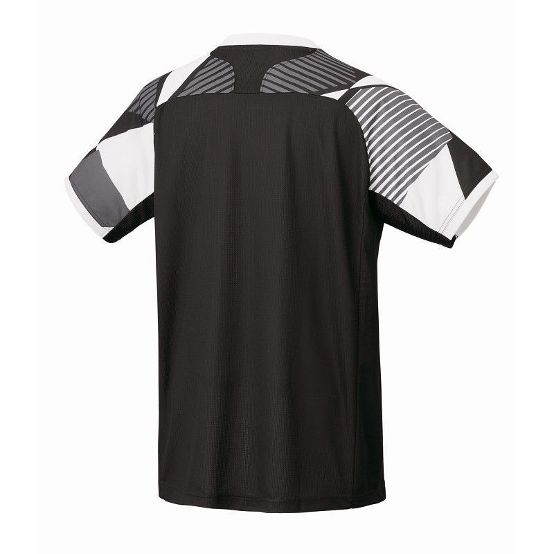 Zwart-wit geometrisch patroon poloshirt met korte mouwen, geïsoleerd op een witte achtergrond.