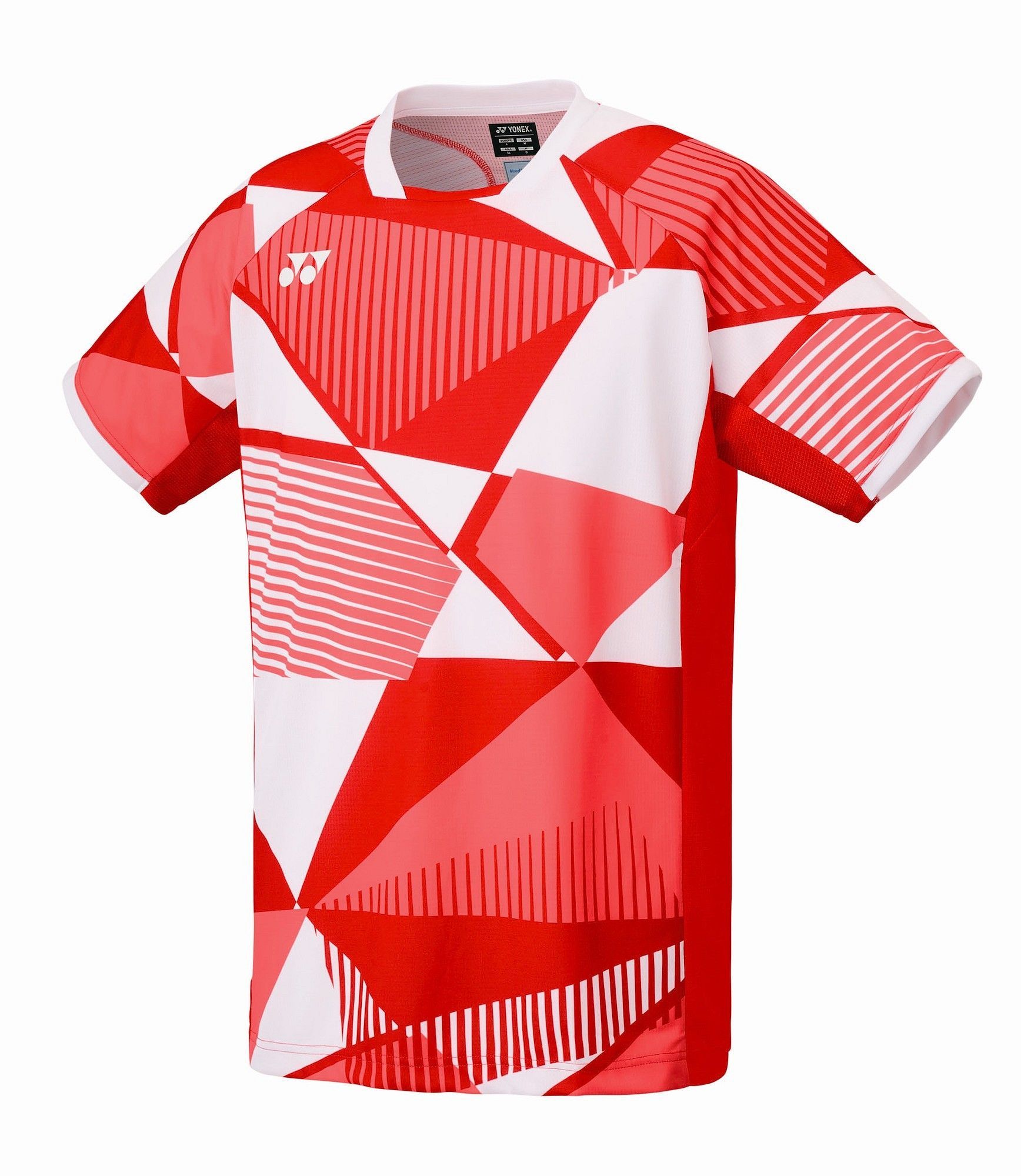 Rood-wit geometrisch patroon sportshirt met korte mouwen op een witte achtergrond