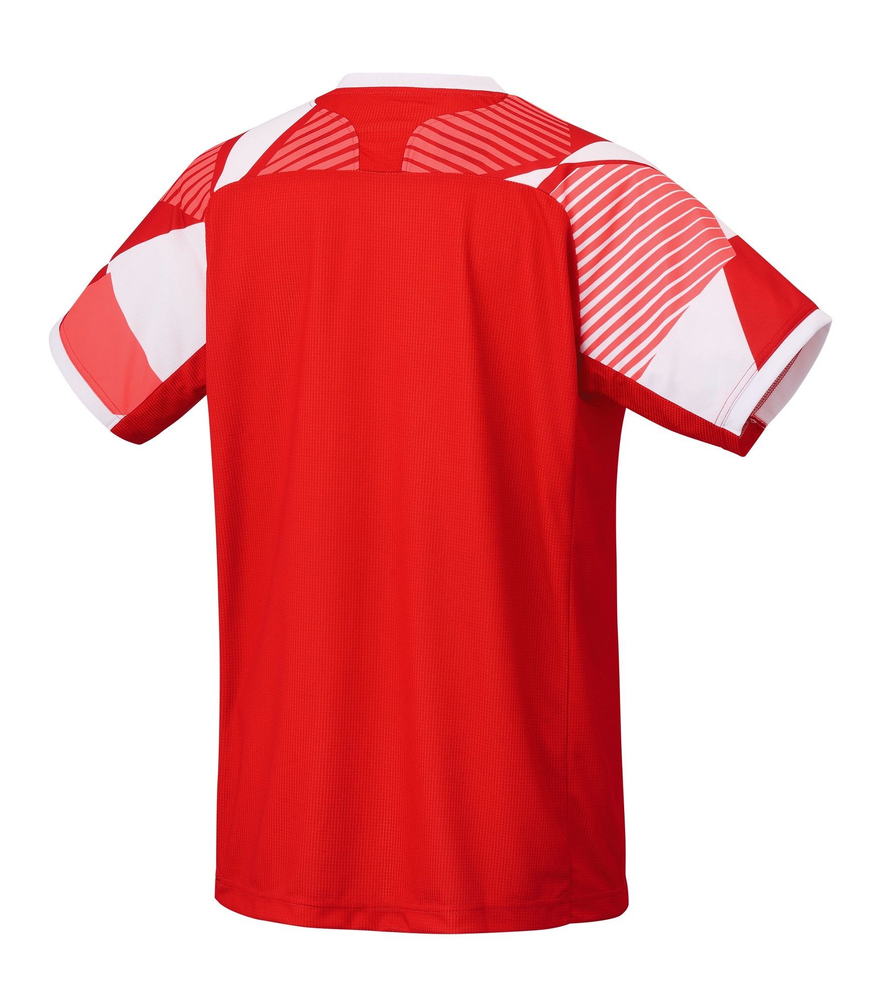 Rood-wit geometrisch patroon sportshirt met korte mouwen op een witte achtergrond
