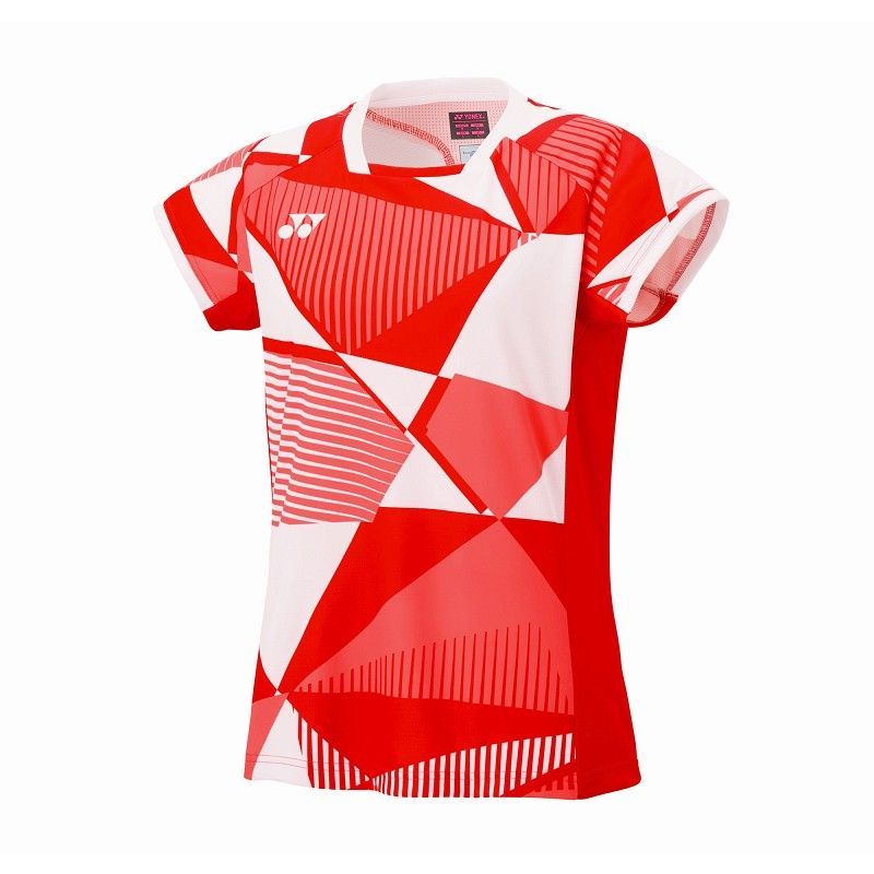 Rood-wit geometrisch patroon sportshirt met korte mouwen op een witte achtergrond